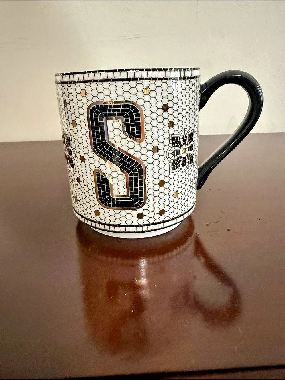 Anthropologie Bistro Tile Monogram Mug S White & Black